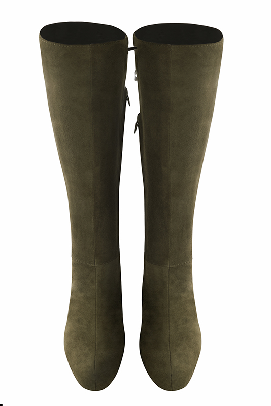 Khaki green women's knee-high boots, with laces at the back. Round toe. Flat block heels. Made to measure. Top view - Florence KOOIJMAN